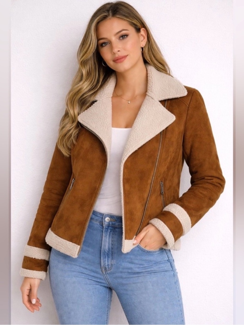 Old Navy Tan Cream Faux Suede Sherpa Lined Moto Jacket Size XL